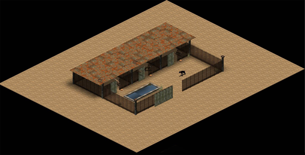 This is the Dog Kennel Flamescreen made. Here is the text:

After the War not many sentient beings survived the conflict without suffering severe mutation, like humans for example. Our best friend before the War, the dogs as fate would have it, became even more valuable after it. 

The dogs became our trained hunters for food, our aide in digging-up survivors, our guides in finding unpoisoned water. And in some 
cases our guardians and scouts. The Brotherhood of Steel and the Enclave were the first in the Wasteland to foresee their role in that respective area. Then through selective breeding in their kennels, got the upper hand. 

*Requires Brahmin resource, To feed the dogs 

Increases happiness of citizens (due to increased security)