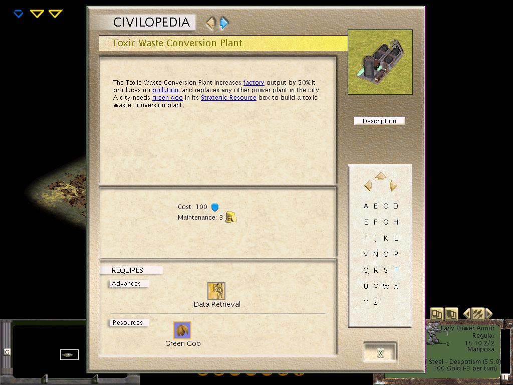 The civilopedia of the Toxic Waste Conversion Plant in game.