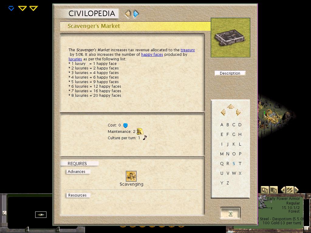 A screenie of the Scavenger's Market Civilopedia entry.